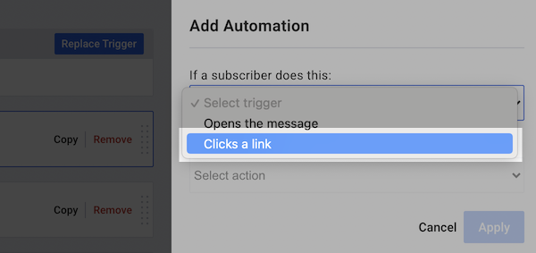 Select Clicks a link from the If a subscriber does this drop down menu