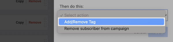 Use the Then do this: drop down to select Add/Remove Tag