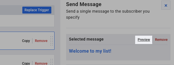Preview button under Send Message action settings on right-hand sidebar