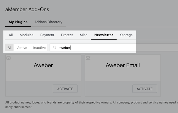 Newsletter tab is selected and AWeber is in the search bar