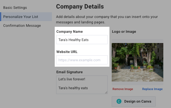 Type in your Company Name and website URL