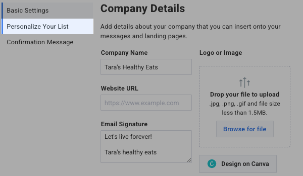 Click Personalize Your List