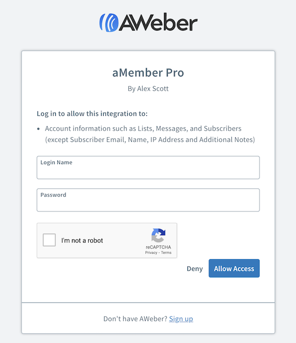 Enter AWeber Login Credentials and click Allow Access