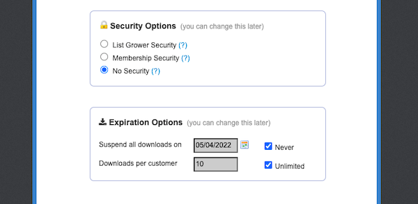 Security and expiration settings