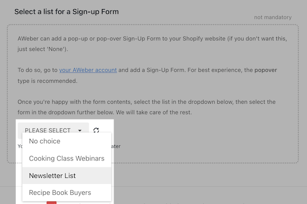 Option to choose a list for a pop over form