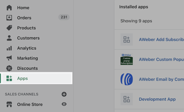Apps tab in Shopify highlighted