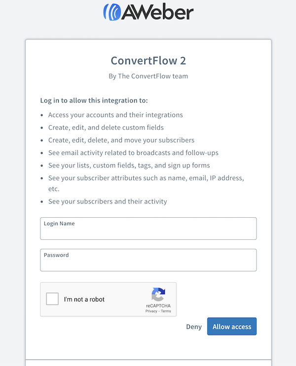 Allow access with AWeber Login Credentials