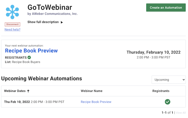 An example of a scheduled webinar with list automation