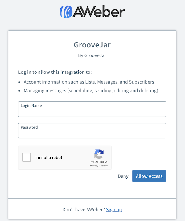Enter AWeber Login Credentials and click Allow Access button