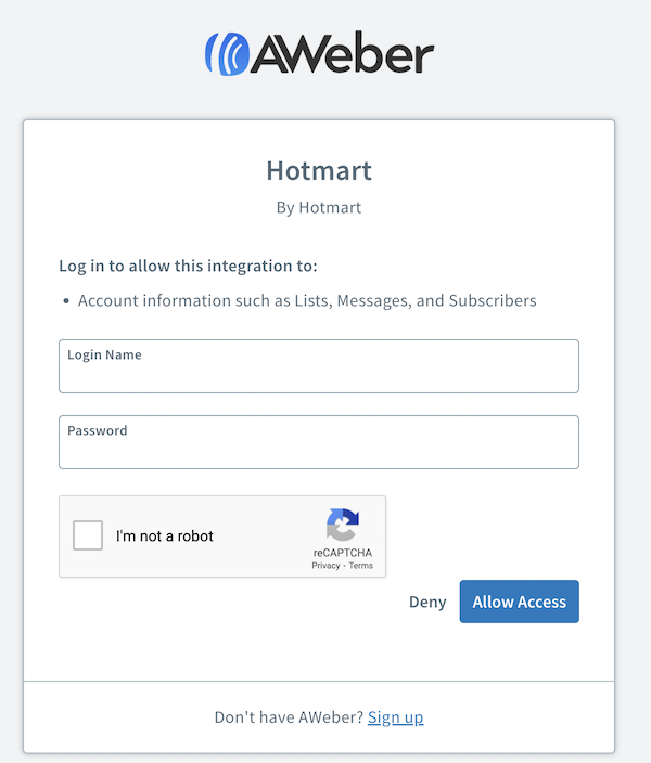 Enter AWeber Login Credentials and Click Allow Access Button