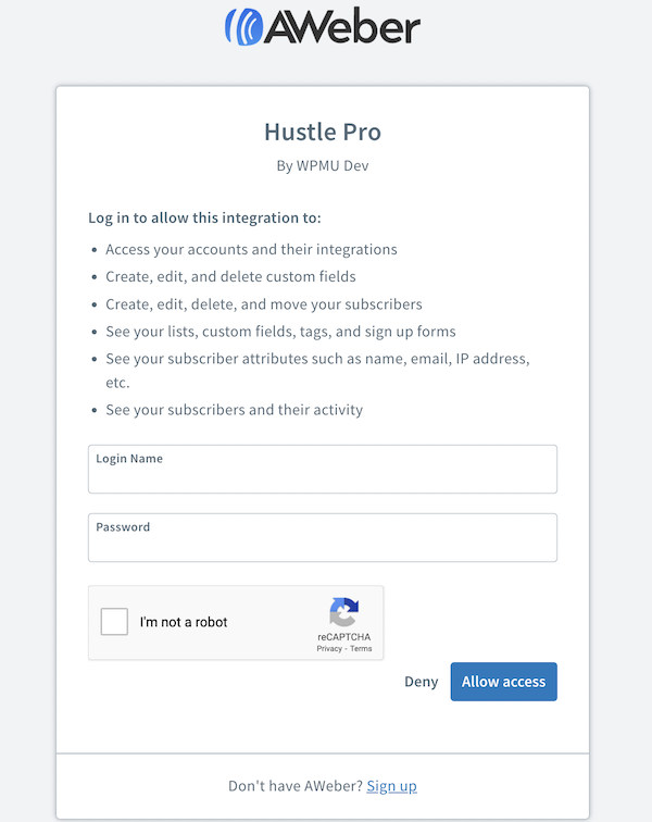 AWeber Login Screen with Allow Access Button