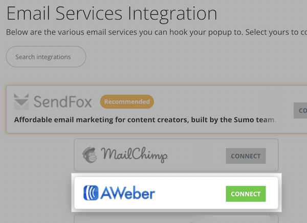 Click Connect button on AWeber