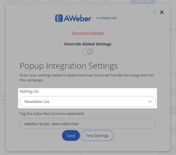 Select AWeber list from dropdown menu