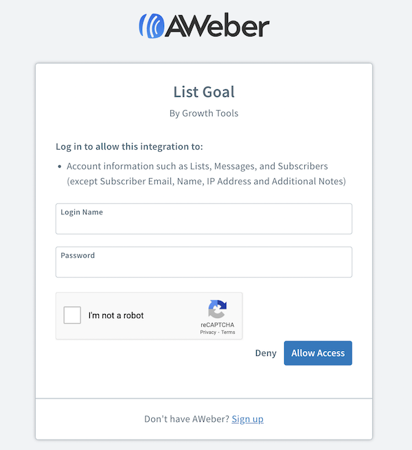 Enter AWeber Login Credentials and Click Allow Access