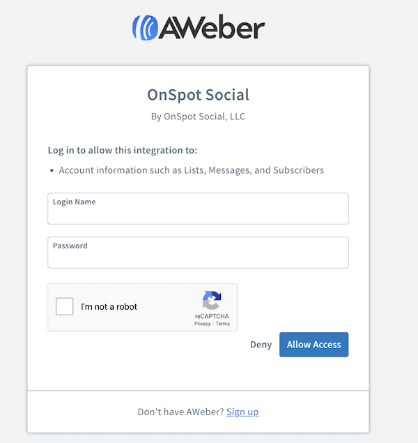 AWeber Login Form and Allow Access button in bottom right corner