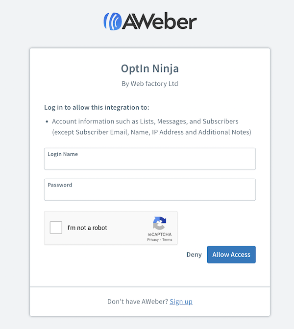 Enter AWeber Login Credentials and Allow Access