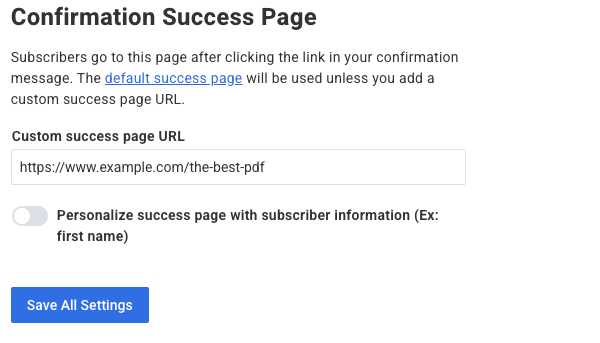 Custom success page URL