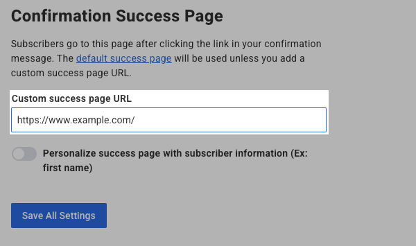 Add a success page URL
