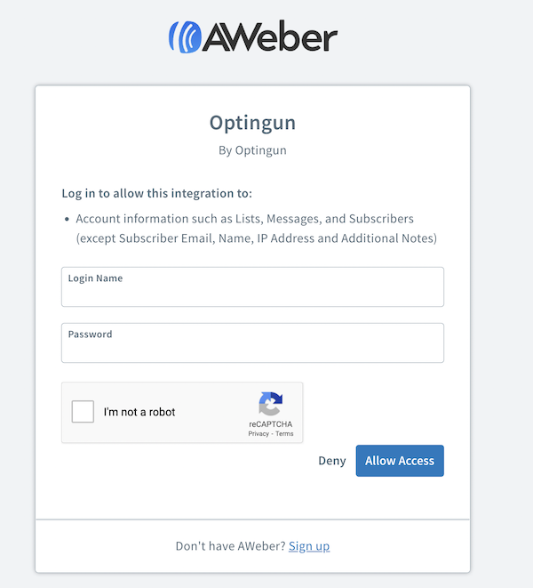 Enter AWeber Login Credentials and click Allow Access