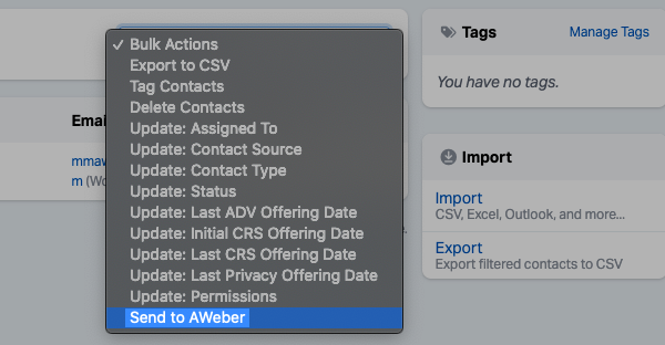 Select Send to AWeber