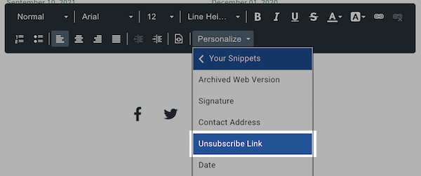 Select Your Snippets, then Unsubscribe Link