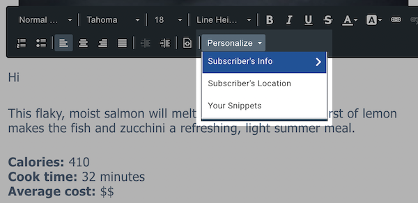 Dropdown with options after clicking Personalization
