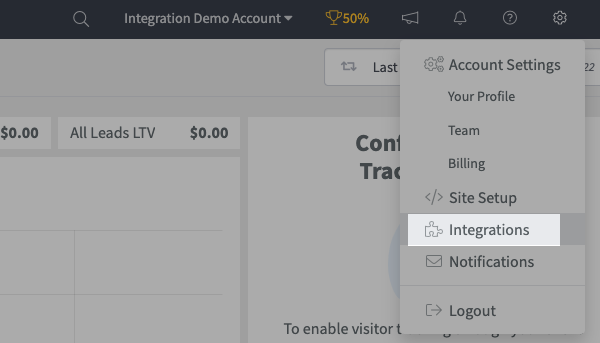 Select Integrations from the gear icon