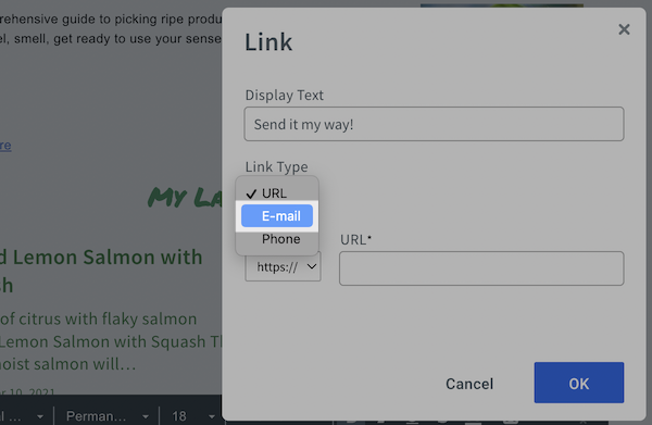 Select email from link type dropdown
