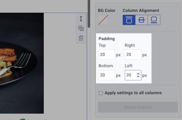 Padding section with options to increase on all sides