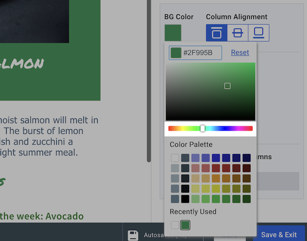 Color Slider in background color selection menue