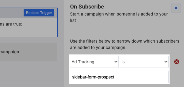 On Subscribe filter set to Ad Tracking