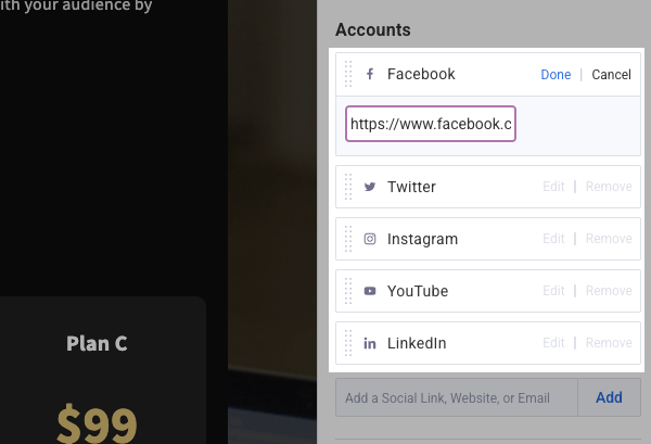 Click Edit and paste your social media URL