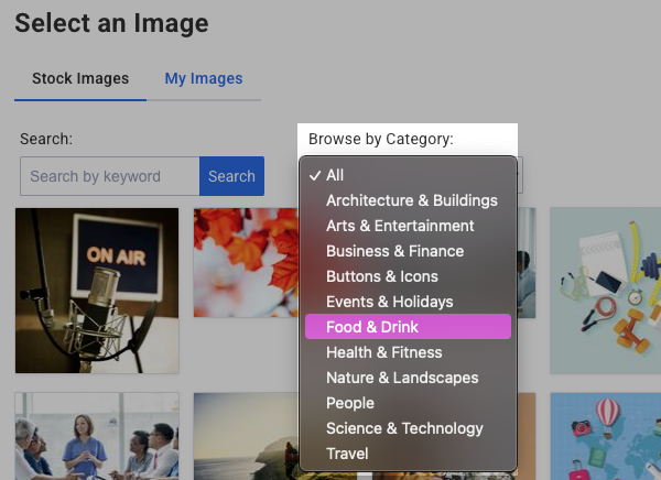 Use the drop-down menu to browse different image categories