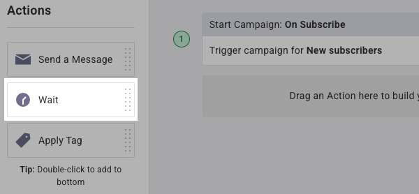 Wait Action under Actions toolbar on left-hand sidebar