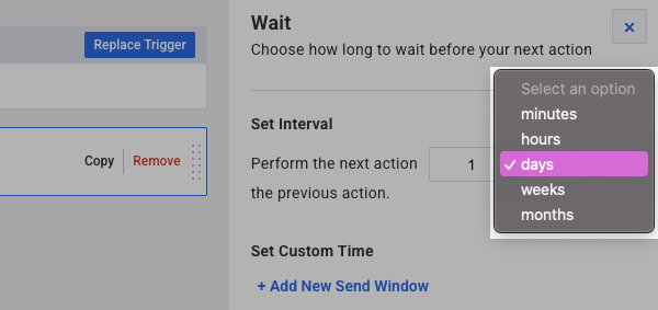 Wait action duration dropdown menu under Wait action settings on right-hand sidebar