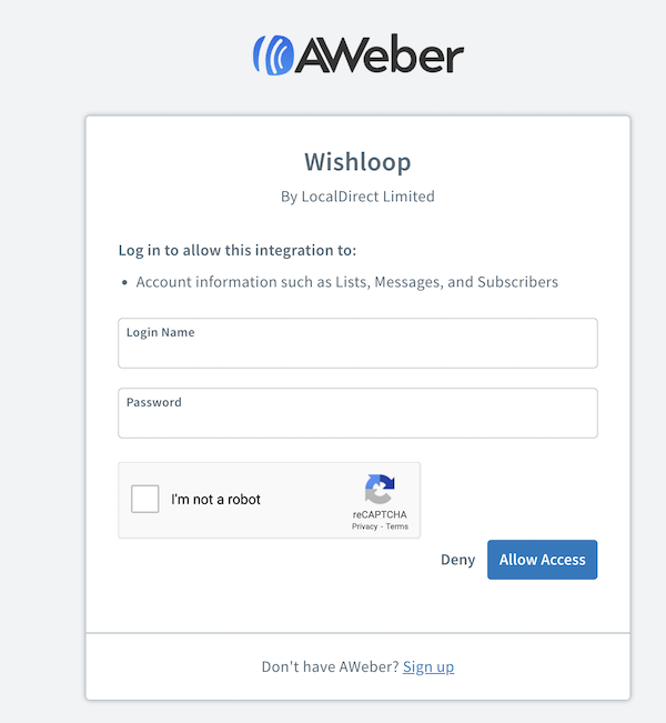 AWeber Login Screen and Allow Access Button