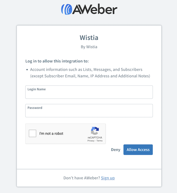 enter your AWeber login information and then click Allow Access button