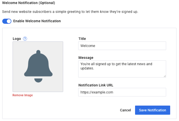 Welcome notification setup