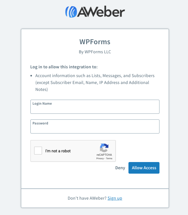 Enter AWeber Login Credentials and click Allow Access
