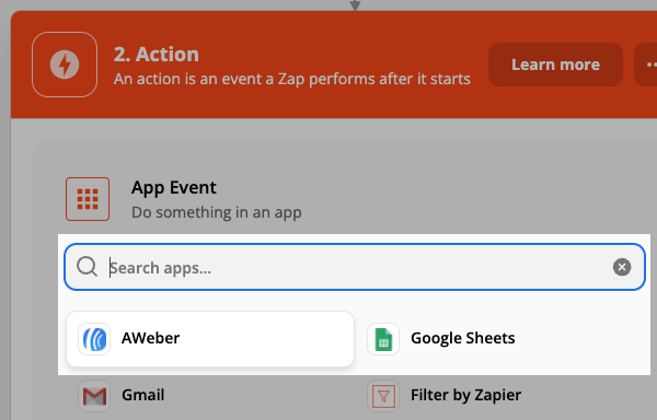 Select AWeber for Action App