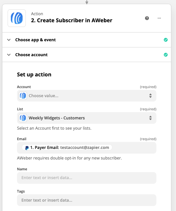 Select Account ID and fill out each action field