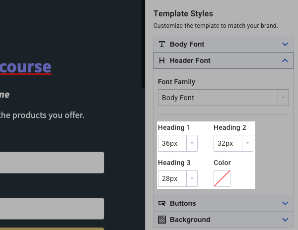 Font size and color for header