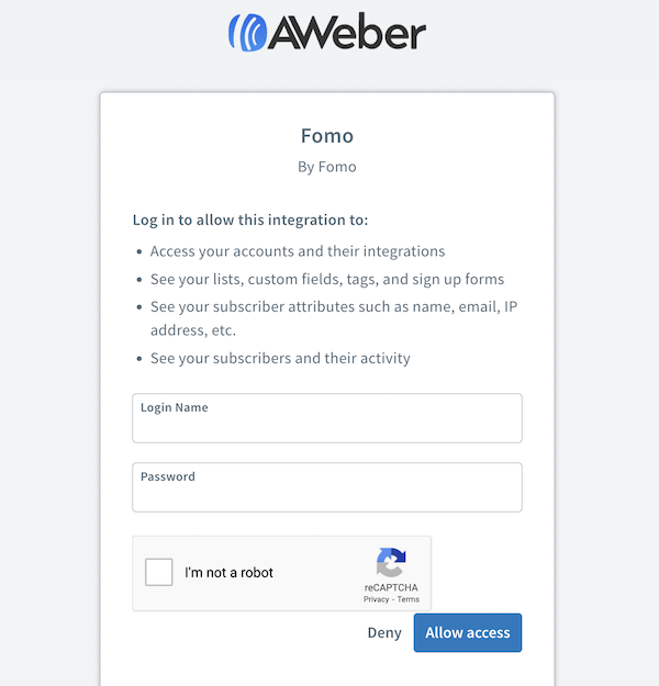 AWeber Login Pop Up window