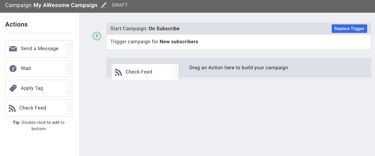 Click and drag the Check Feed action