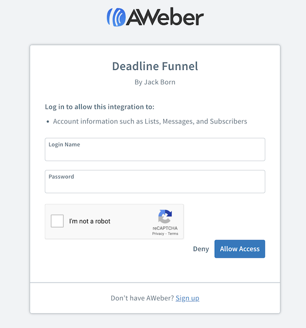 AWeber Login Window