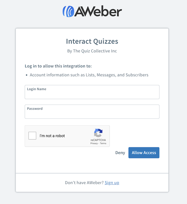 AWeber Login Screen