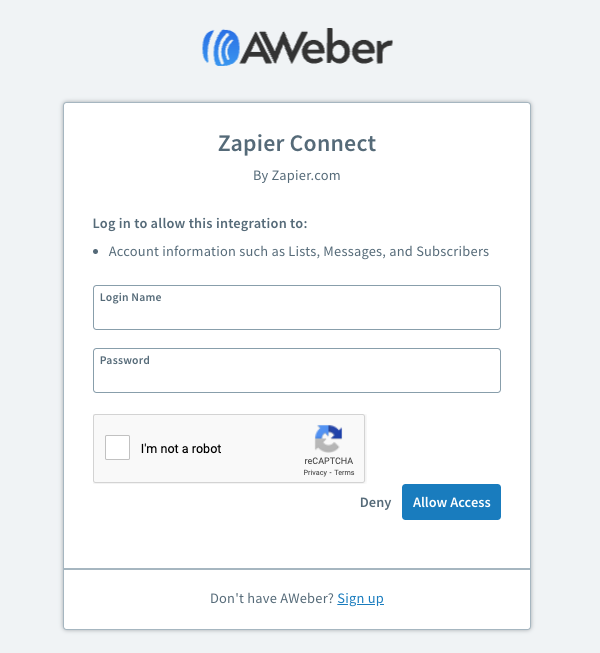 AWeber Login window
