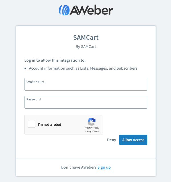 AWeber Login Window