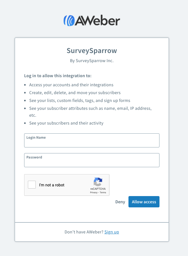 AWeber login window