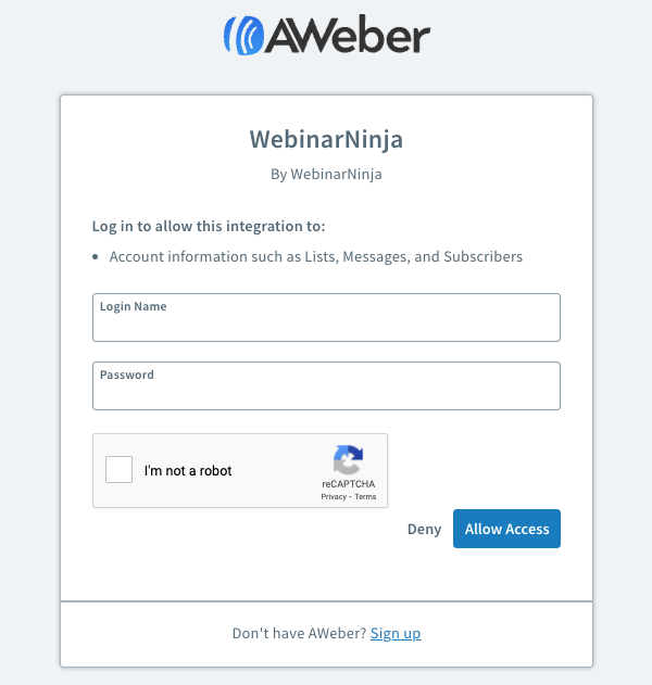 AWeber Login Window